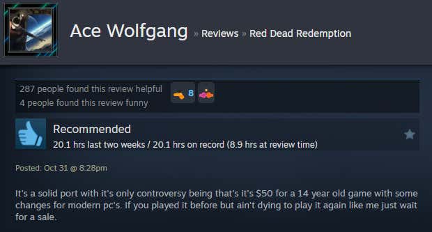 Screenshot of the article titled Red Dead Redemption Remaster, As Reported by Steam Reviews